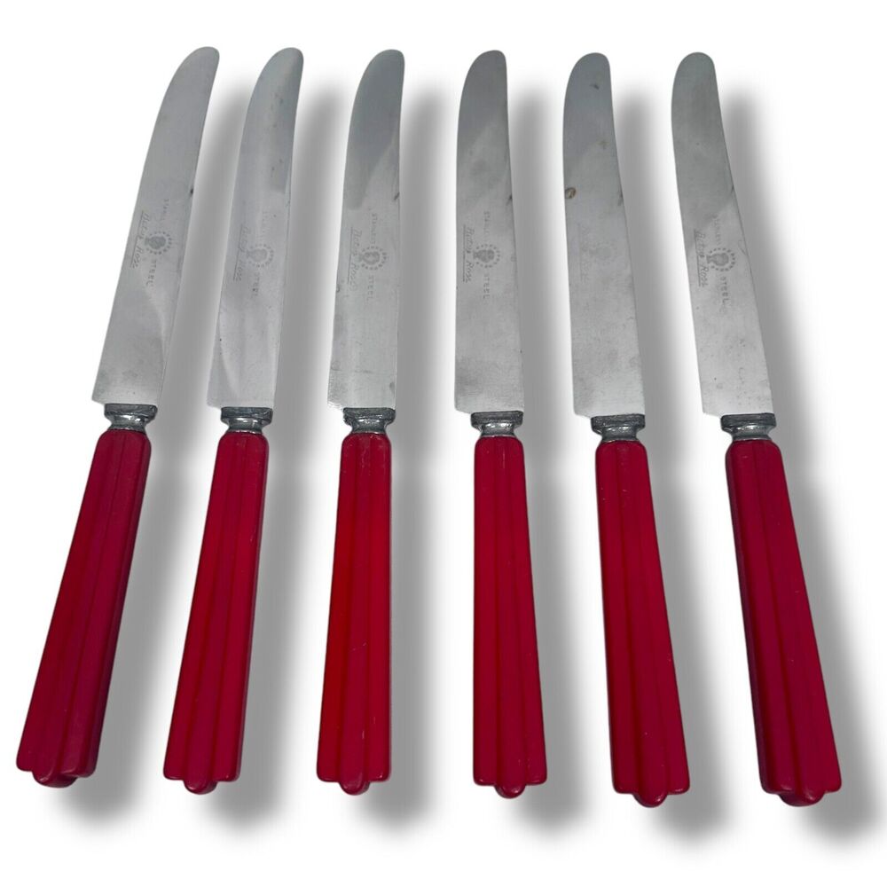 Vintage Betsy Ross Red Bakelite Handled Dinner Knives Lot 6 Stainless Steel